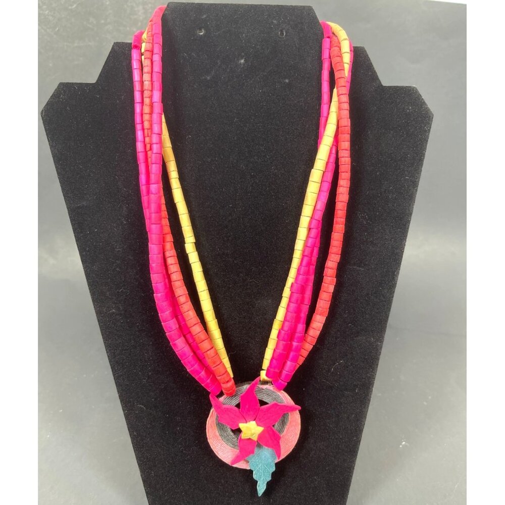 19 Inch Beaded Necklace Tropical Flower Floral Pendant Multi-Strand Pink Vintage - Picture 8 of 8